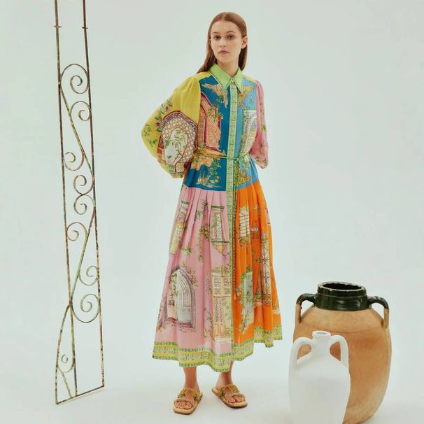 Women's Clothing Single Breasted Long Lantern Sleeve Graffiti Print Tie Waist Dress_ecoleips.com