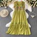 Women's Clothing Pink Heavy Embroidery Square Collar Small Flying Sleeve Dress Women's Summer Loose Slim Pleated Ruffled Long Skirt_ecoleips.com