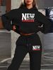 Women's Autumn And Winter Casual Fashion NEW YORK Letter Pattern Printed Thick Fleece Warm Hooded Sweatshirt+sports Pants Set-746_ecoleips.com