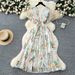 Women's Clothing Summer Slimming Ruffled Floral Dress V Neck Short Flutter Sleeve Lace Up Waist Cinching_ecoleips.com