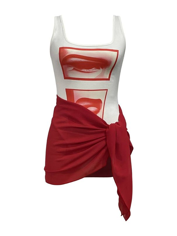 Women's Color Blocked Bodysuit Sexy Summer Fashion Print Two Piece Set with Scarf Regular Thickness_ecoleips.com