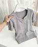 Women's Style V Neck Pleated Herringbone Knit Top Short Sleeve Slim Fit Stylish Summer_ecoleips.com