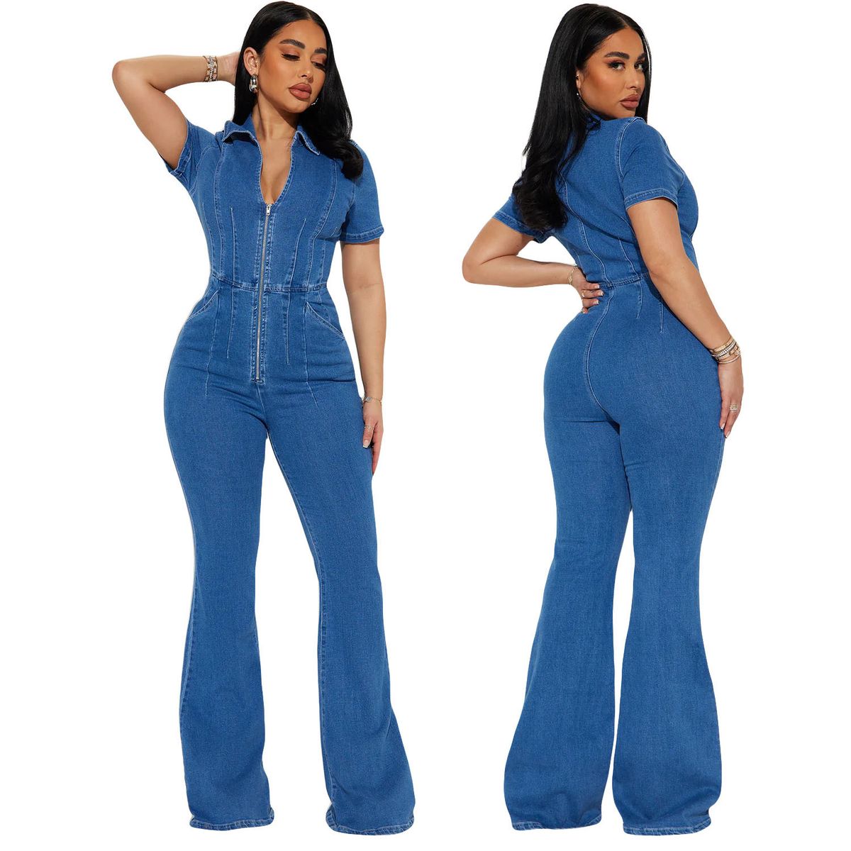 Women's Slim Fit Stretch Denim Jumpsuit Washed Wide Leg Pants_ecoleips.com