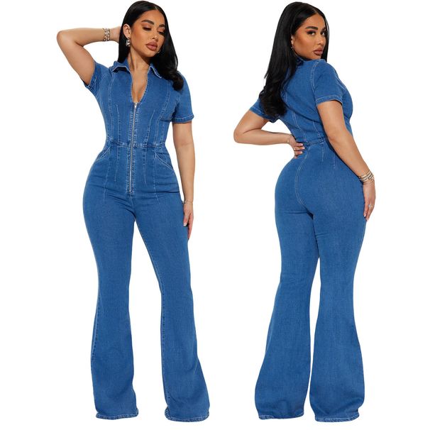Women's Slim Fit Stretch Denim Jumpsuit Washed Wide Leg Pants_ecoleips.com