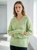 Light Green Heather Pit Rib Knit Sweater, Loose V Neck Lightweight Breathable Soft Skin-touch Wool Blend Pullover_ecoleips.com