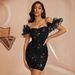 European And American Women's Fashion Off-Shoulder Party Sexy Sequin Ruffle Bodycon Slimming Short Dress Nightclub_ecoleips.com