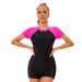 Women's Color-Block One-Piece Swimsuit Short Sleeve Conservative Tight Fit UPF Protection Flat Angle Zipper_ecoleips.com