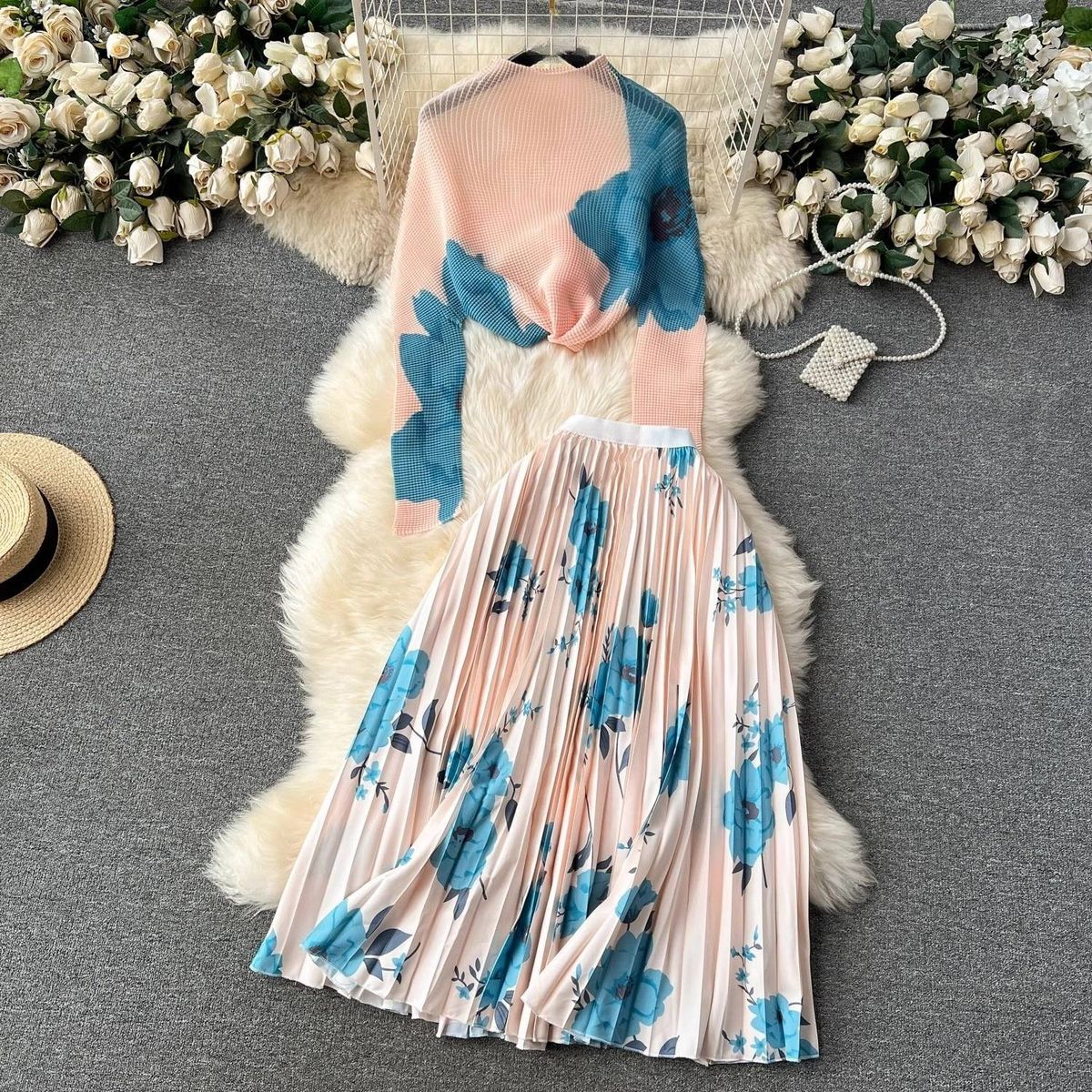 Women’s Clothing Temperament two piece suit for women new style mature style high end long sleeved pleated top + high waist pleated skirt_ecoleips.com