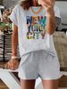 Summer New Pink New York NU Pattern T-shirt, Casual Printed Round Neck Short Sleeved Top With Elastic Waist Pocket, Women's Two-piece Set-283_ecoleips.com