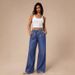 Women's High Waist Drawstring Wide Leg Jeans - Soft Cotton Casual Loose Fit Trousers For Summer (Blue, Sizes 25-30)_ecoleips.com