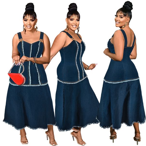 Women's Clothing Plus Size Women's Sleeveless Tassel Suspender Long Dress For Formal & Casual For Women Button Down_ecoleips.com