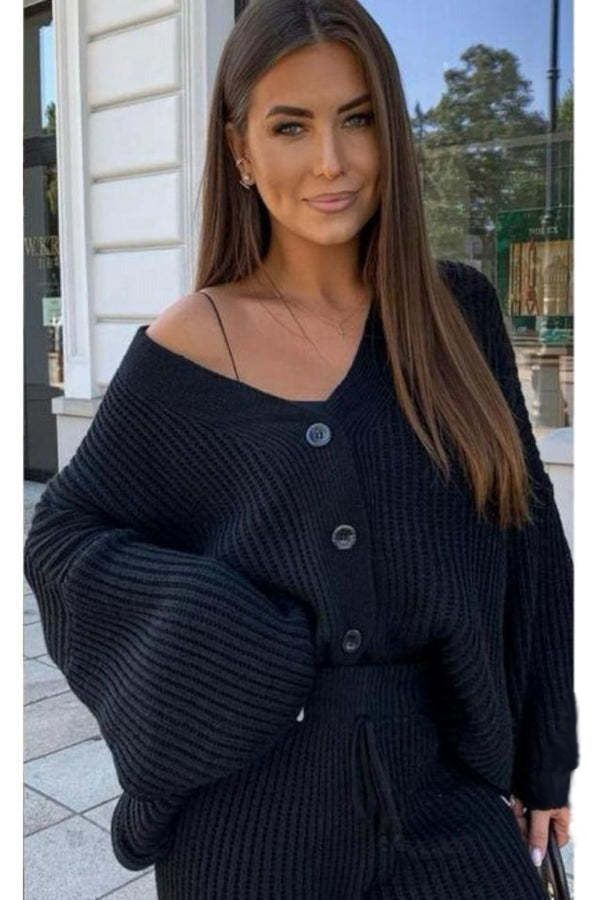 Casual Fashion Women's Clothing Solid Color Cardigan Long-sleeved Knitted Sweater Trousers Two-piece Set_ecoleips.com