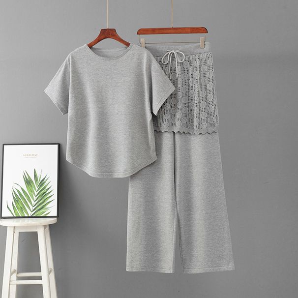 Women's Elegant Two Piece Set Solid Color Knitted Short Sleeve Top And Lace Casual Pants Spring Summer Outfit_ecoleips.com
