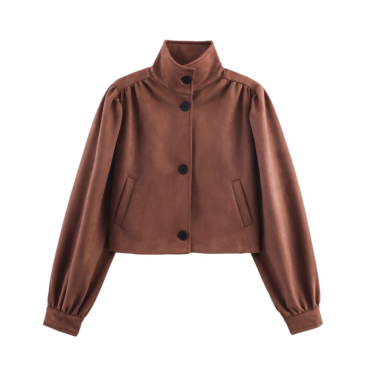 Women's Suede-Look Wide Shoulder Jacket – Ruched Detail Short Bomber, Polyester Pilot Style For Autumn & Workwear (Brown, XS/S/M/L)_ecoleips.com