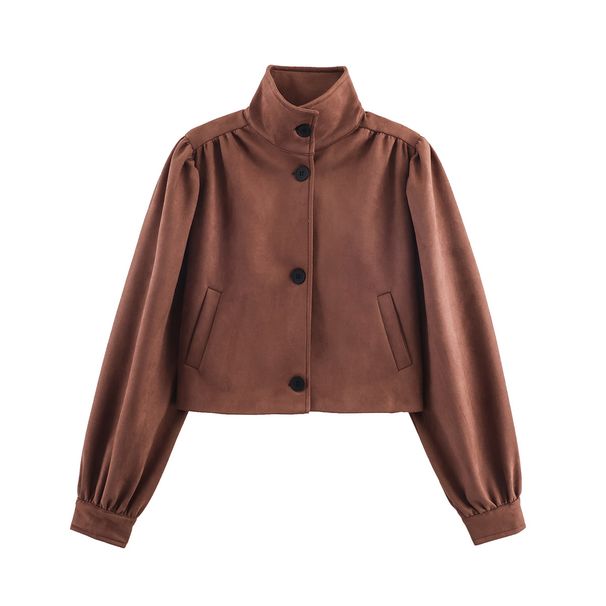 Women's Suede-Look Wide Shoulder Jacket – Ruched Detail Short Bomber, Polyester Pilot Style For Autumn & Workwear (Brown, XS/S/M/L)_ecoleips.com