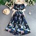 Elegant Off-Shoulder Long Dress With Rhinestone Embroidery Floral Print Waist-Defining Ruffle Sleeves Formal Evening Gown_ecoleips.com