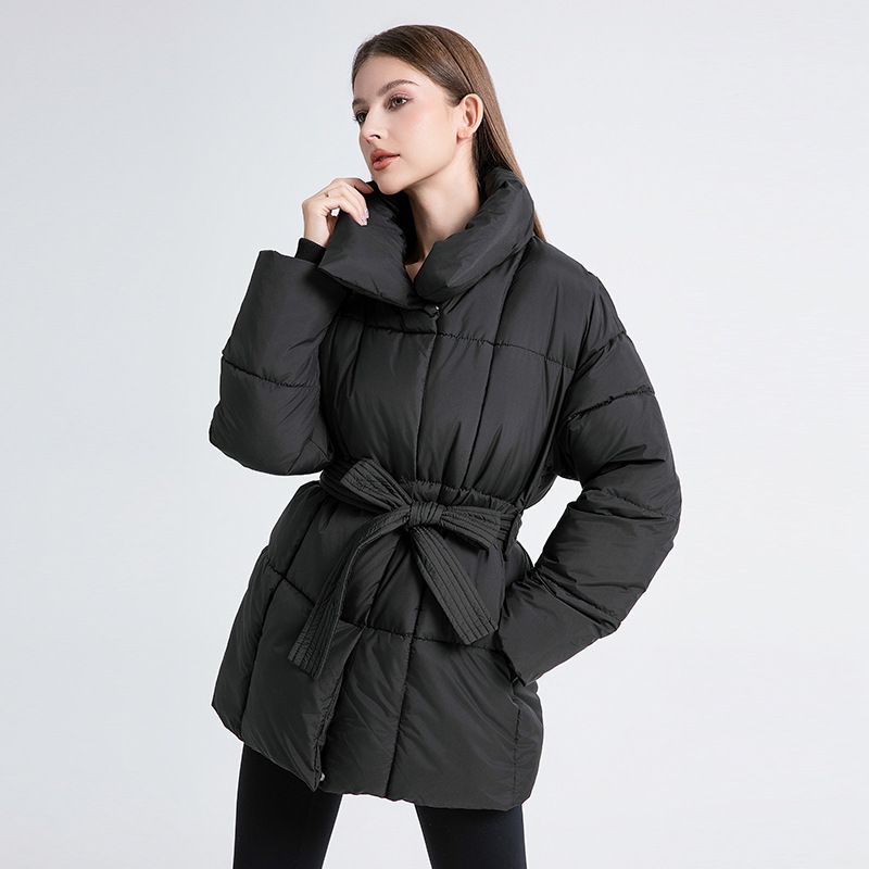 Women's Mid-Length Belted Puffer Coat Winter Fashion Outerwear – Slim Fit With Detachable Hood, Black/White/Coffee_ecoleips.com