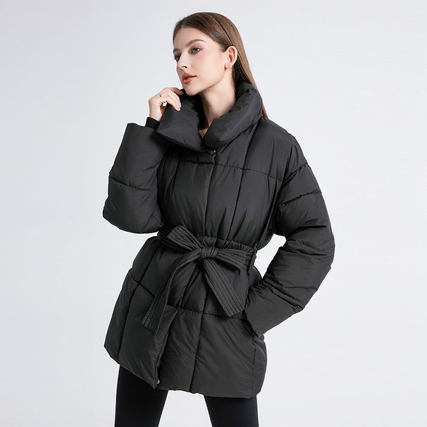 Women's Mid-Length Belted Puffer Coat Winter Fashion Outerwear – Slim Fit With Detachable Hood, Black/White/Coffee_ecoleips.com
