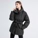 Women's Mid-Length Belted Puffer Coat Winter Fashion Outerwear – Slim Fit With Detachable Hood, Black/White/Coffee_ecoleips.com