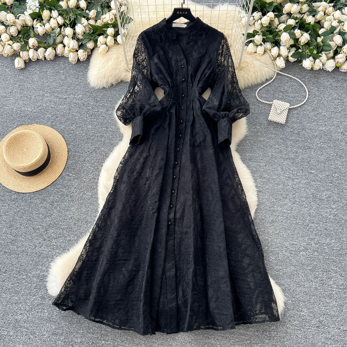 French Retro Elegant Women's Long Dress High End Stand Collar Single Breasted Waist Cinching Embroidered Mesh New Style_ecoleips.com