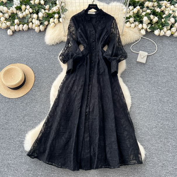 French Retro Elegant Women's Long Dress High End Stand Collar Single Breasted Waist Cinching Embroidered Mesh New Style_ecoleips.com