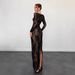 Elegant Long Sleeve Lace Trim Square Neck Back Zipper A-Line Maxi Dress With Side Slit Fashion Trends_ecoleips.com