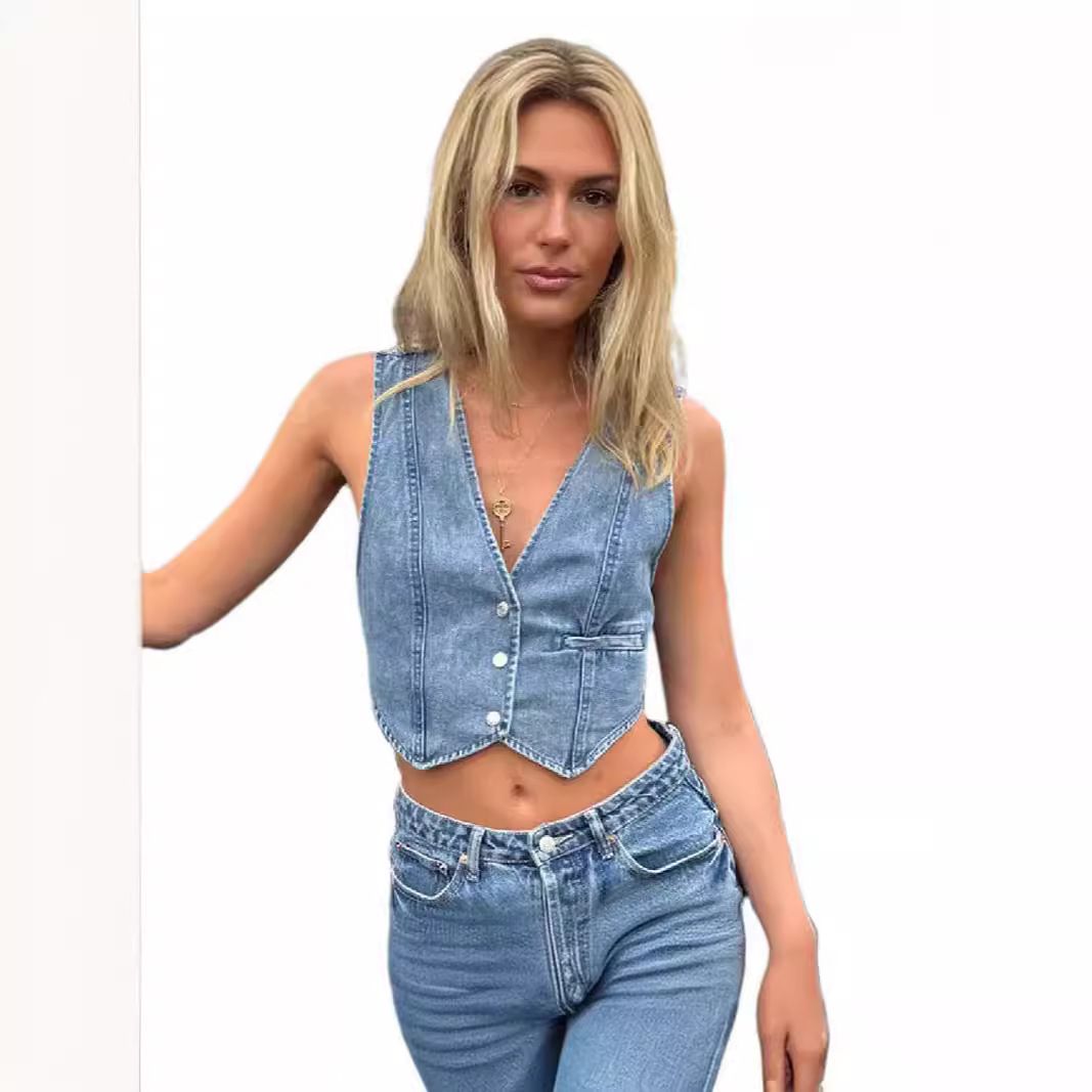Women's Clothing Fashion Casual V Neck Denim Vest For Women_ecoleips.com