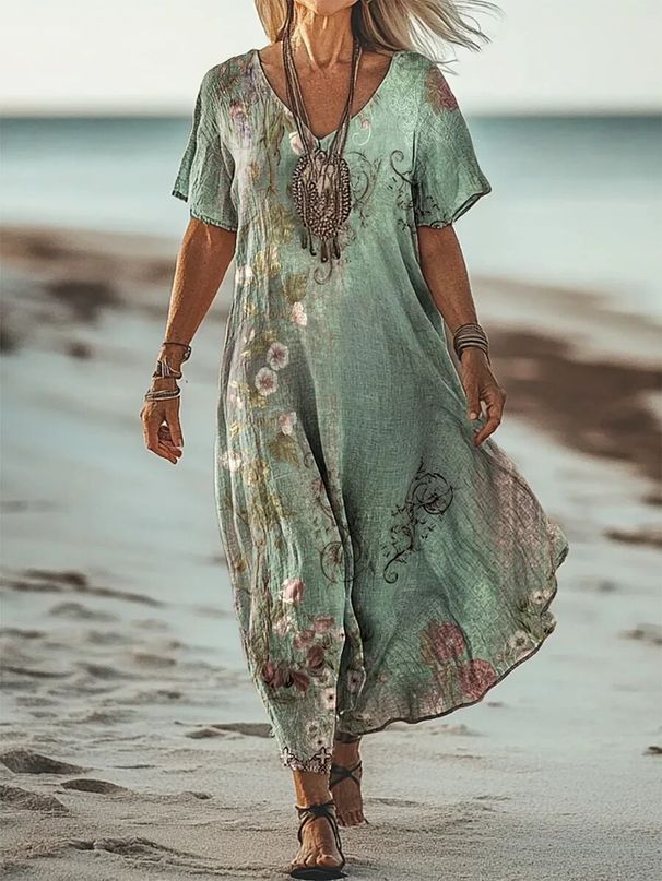 Creative Floral Women's Summer V-Neck Short Sleeve Dress, Mid-Length Dress_ecoleips.com