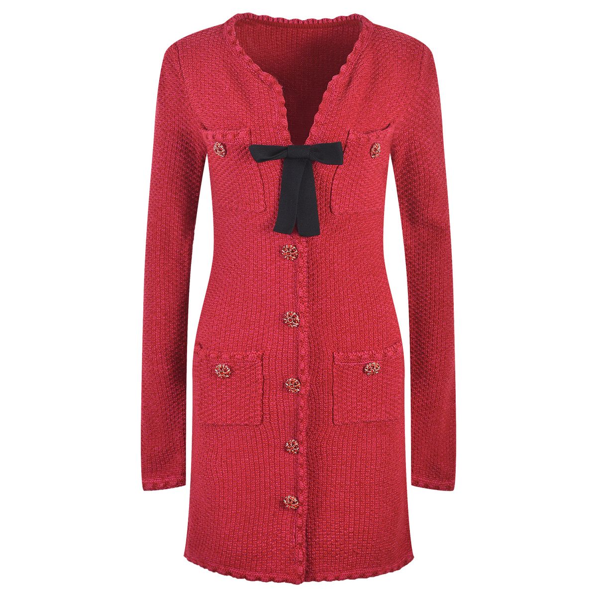 Women's French-Inspired Knitted Dress - Slimming High Waist With Diamond Buttons & Bow Tie (Red, Autumn/Winter Collection)_ecoleips.com