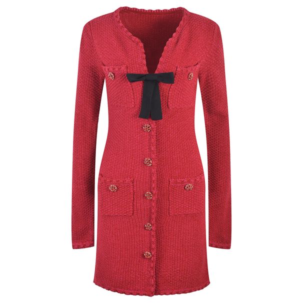 Women's French-Inspired Knitted Dress - Slimming High Waist With Diamond Buttons & Bow Tie (Red, Autumn/Winter Collection)_ecoleips.com
