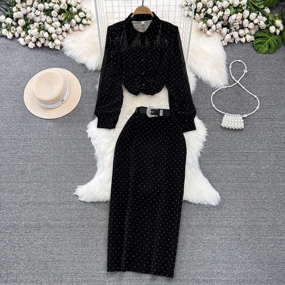 Women's Fashion Suit Ladylike Temperament Bubble Long Sleeves Diamond Studded Shirt High Waist Skirt Two Piece Set_ecoleips.com