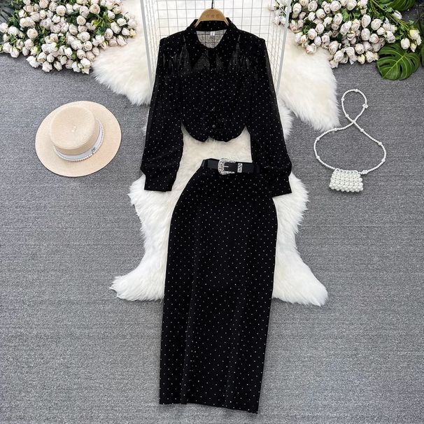 Women's Fashion Suit Ladylike Temperament Bubble Long Sleeves Diamond Studded Shirt High Waist Skirt Two Piece Set_ecoleips.com