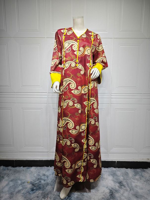 AB373 Muslim Arab Dubai Women's Fashion Printed Long Robe Dress_ecoleips.com