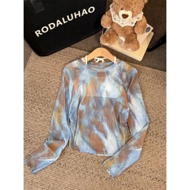 Ink Painting Print T-Shirt For Women, Spring And Autumn European Style, Slim Fit, Thin Long-Sleeve Mesh Base Shirt With_ecoleips.com