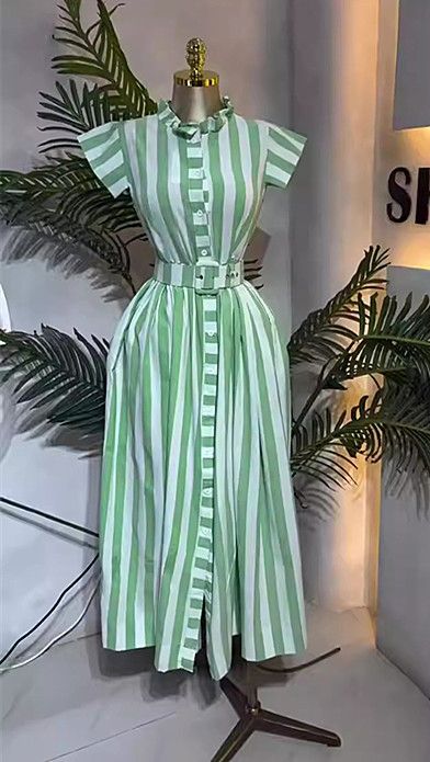 Women's Striped Shirt Dress Spring Belted Waist Flowy Midi Length Collared Short Sleeve Feminine Dress Side Slits_ecoleips.com