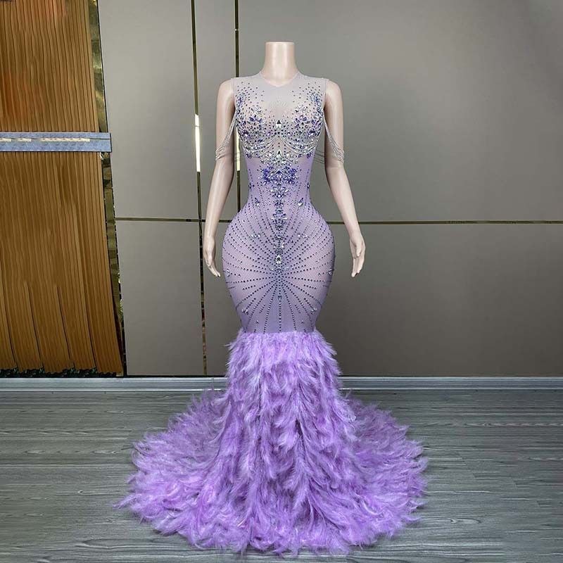 Women's Clothing Purple Sexy Gentle And Generous Temperament Celebrity Dress Perspective Mesh Full Diamond Luxury Sleeveless Design Long Skirt_ecoleips.com