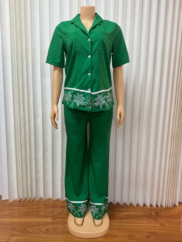 Women's Stylish V-Neck Embroidered Cardigan & Straight Leg Pants Set - Breathable Polyester Two-Piece Outfit With Functional Pockets_ecoleips.com