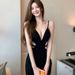 Black Pure Desire Wind Deep V Hollow Out Waist Strap Dress Summer Sexy Spicy Girl Royal Style Short Skirt_ecoleips.com