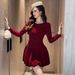 2025 Autumn New Women's Clothing French Heavy Industry Round Neck Diamond-encrusted Waist Fluffy Red Velvet Dress_ecoleips.com