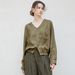 Linen V Neck Raglan Long Sleeve Shirt Yarn Dyed Woven Texture Loose Cocoon Shape Vintage Style Spring Arrival Women's Top_ecoleips.com