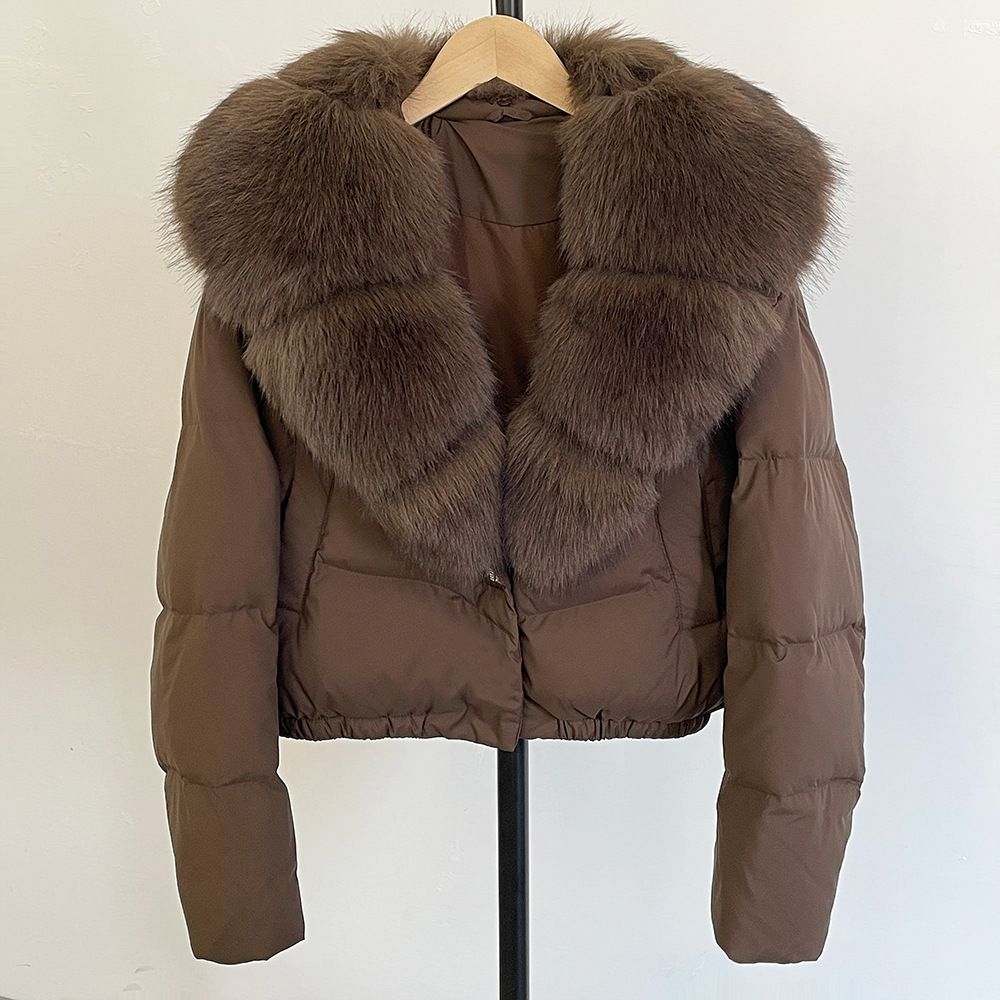 Women's Short Down Jacket With Oversized Fox Fur Collar - Winter Fashion Coat With White Duck Down, Detachable Fur, Loose Fit, Multiple Colors_ecoleips.com
