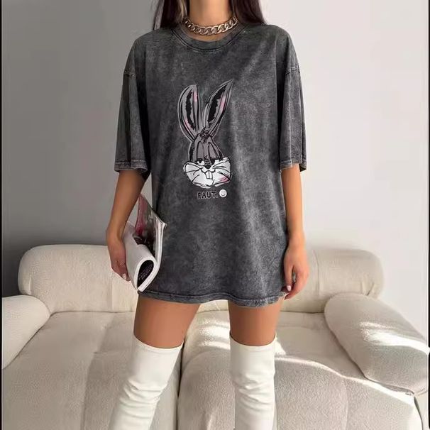 Independent Station Foreign Trade Washed Short Printed T-Shirt Summer Casual Couple Loose Half Sleeve Top_ecoleips.com