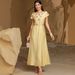 Women's Clothing New Champagne Satin Heavy Hand Sewn Diamond Short Sleeves Celebrity Style Retro Dress_ecoleips.com
