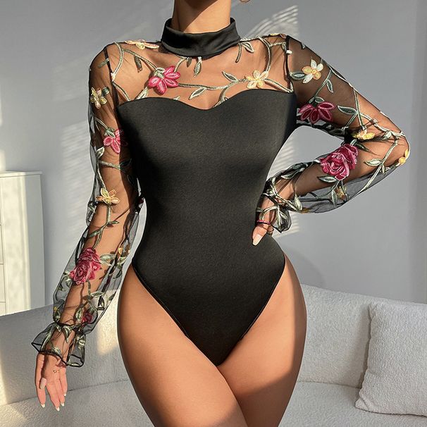 Women's Embroidered Mesh Bodysuit Puff Sleeve Long Sleeved Slim Fit Sexy See Through Hollow Out Fashion Top For Hot Girls_ecoleips.com