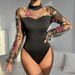 Women's Embroidered Mesh Bodysuit Puff Sleeve Long Sleeved Slim Fit Sexy See Through Hollow Out Fashion Top For Hot Girls_ecoleips.com