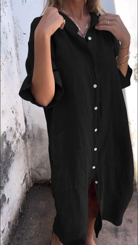Spring/Summer Casual Cotton-Linen Shirt Dress With Loose Sleeve And Liner For Women_ecoleips.com
