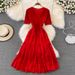 Red V Neck Dress Summer Style French Retro First Love Temperament Fairy Dress for Beach Vacation Or Desert Long Women's Clothing_ecoleips.com