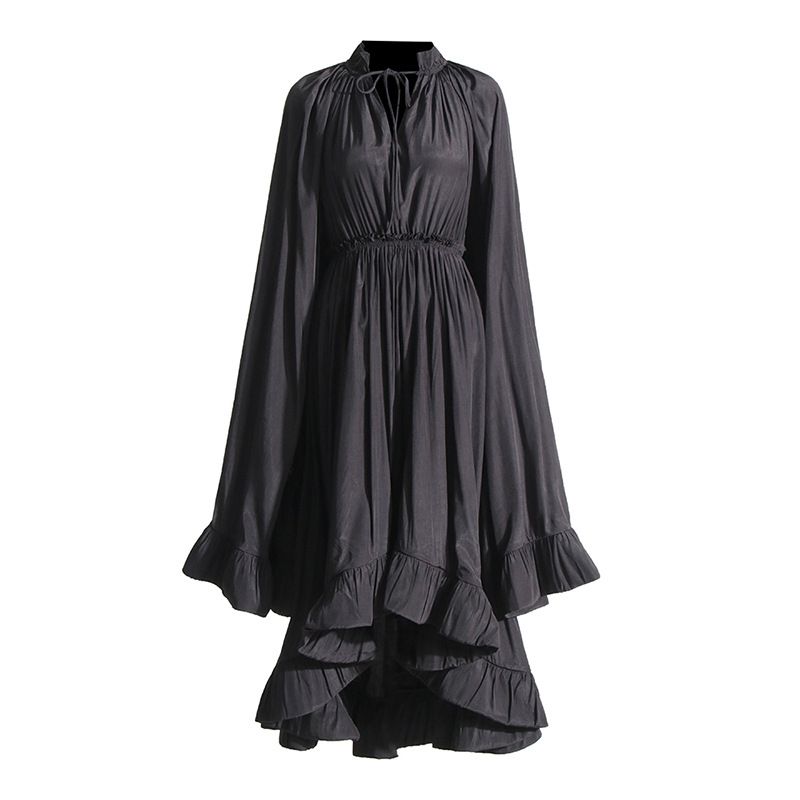 Women's Clothing Retro High End Palace Style V Neck Long Sleeved Waist Pleated Ruffle Dress_ecoleips.com
