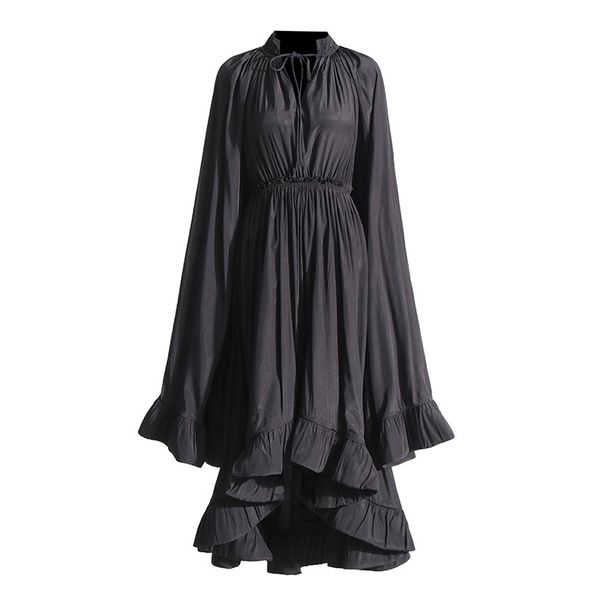 Women's Clothing Retro High End Palace Style V Neck Long Sleeved Waist Pleated Ruffle Dress_ecoleips.com