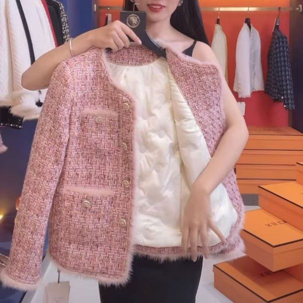 Elegant Pink Velvet-Lined Tweed Coat For Women - Winter Luxury Boucle Blazer With Thickened Inner Layer, Loose Fit, Long Sleeve_ecoleips.com